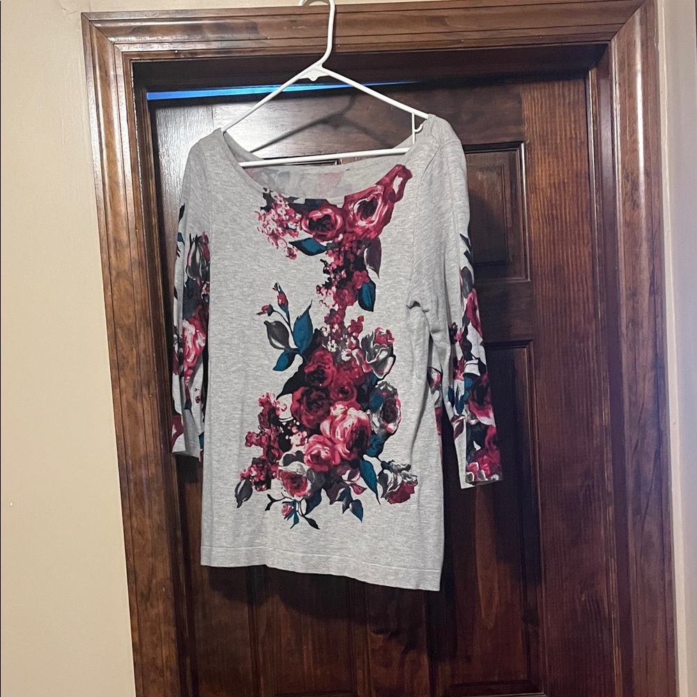 Floral Gray Top with Pink and Red Accents